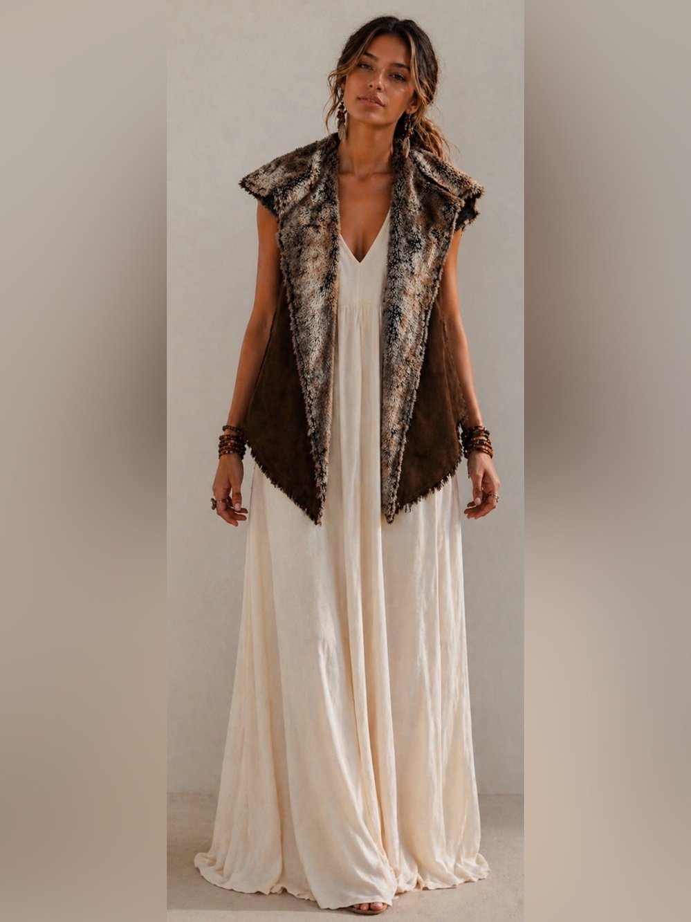 Faux Fur Suede Vest Brown Cream Tan Bohemian Festival Western Country Layering L